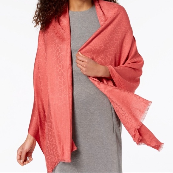 Calvin Klein CK Logo fringe scarf orange raw hem - Picture 4 of 8